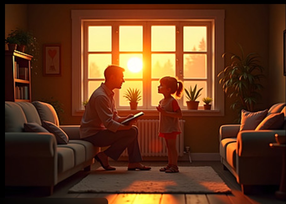 Father sitting quietly in a warm-lit living room while family moves in the background, symbolizing lonely fatherhood in a full house