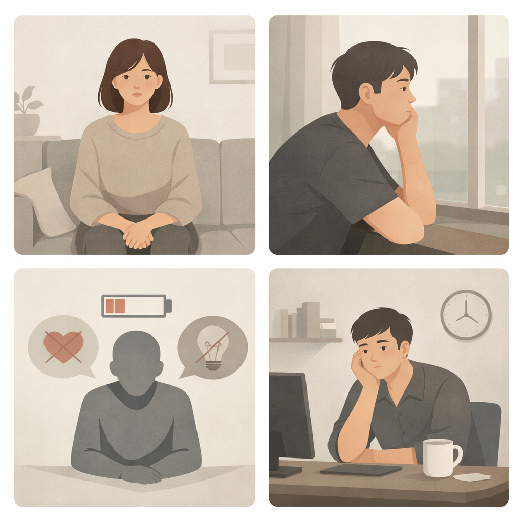 Minimalist illustration showing emotional numbness as a burnout symptom, with individuals sitting alone in muted tones and flat expression