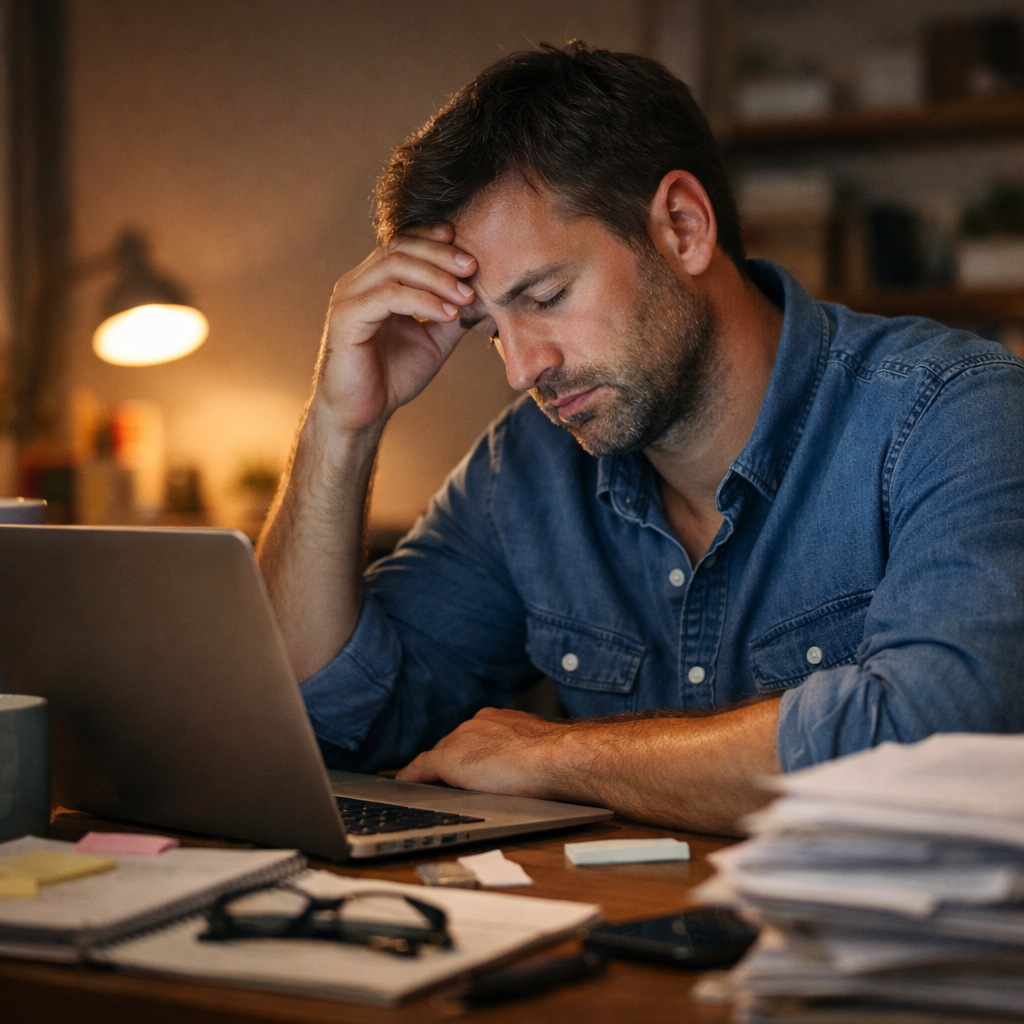 Man sitting at a desk looking mentally exhausted, representing burnout and decision fatigue.