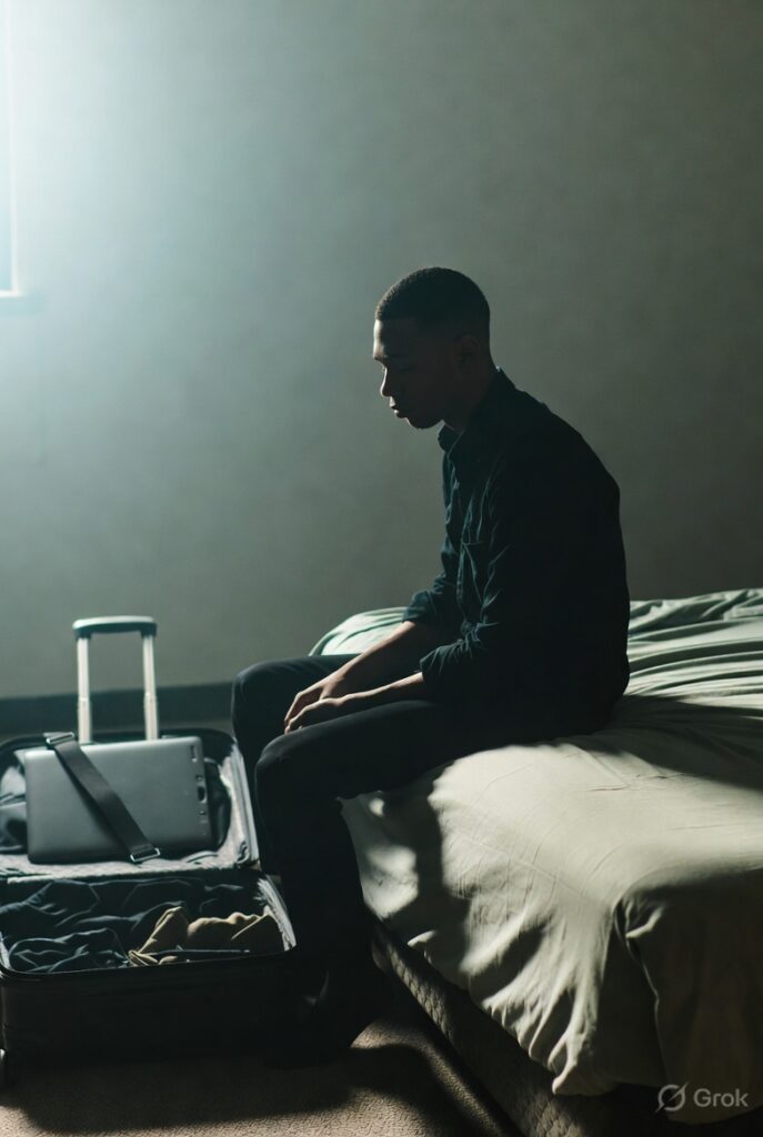 burnout crash after holidays person feeling exhausted after time off sitting on bed in muted light