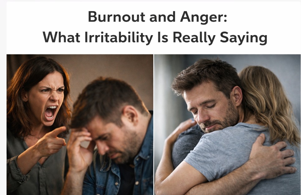 Burnout and anger illustration showing irritability on the left and emotional exhaustion with comfort on the right.
