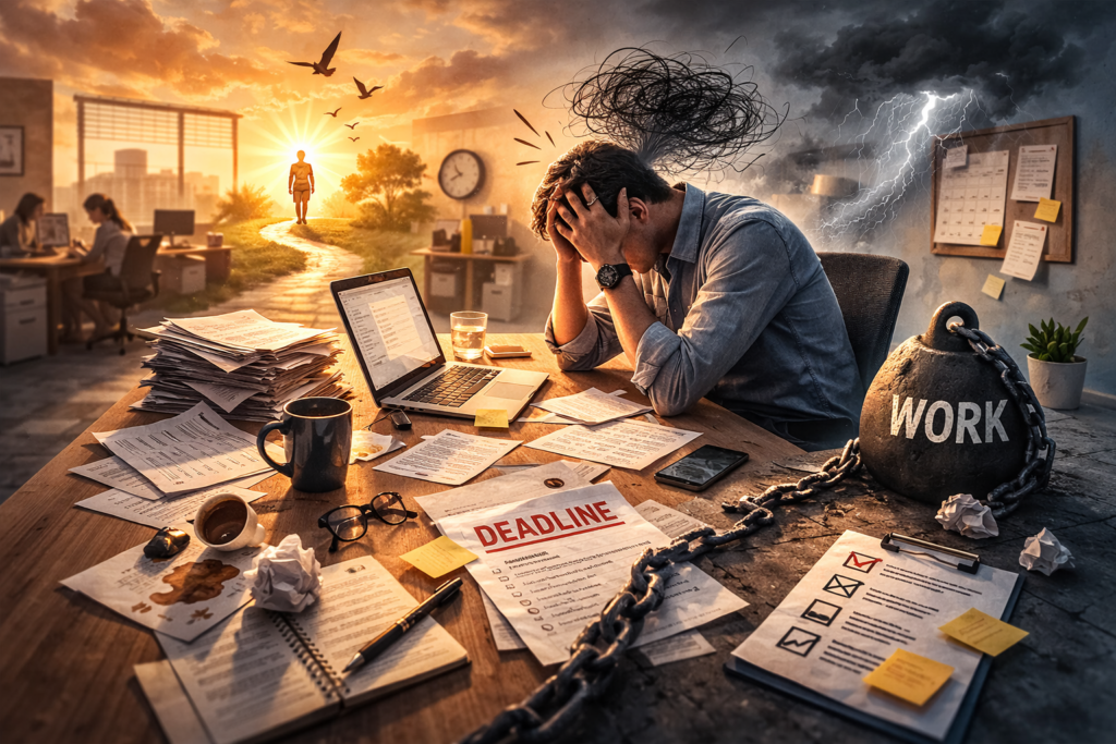 exhausted office worker experiencing burnout at work and feeling stuck in a job