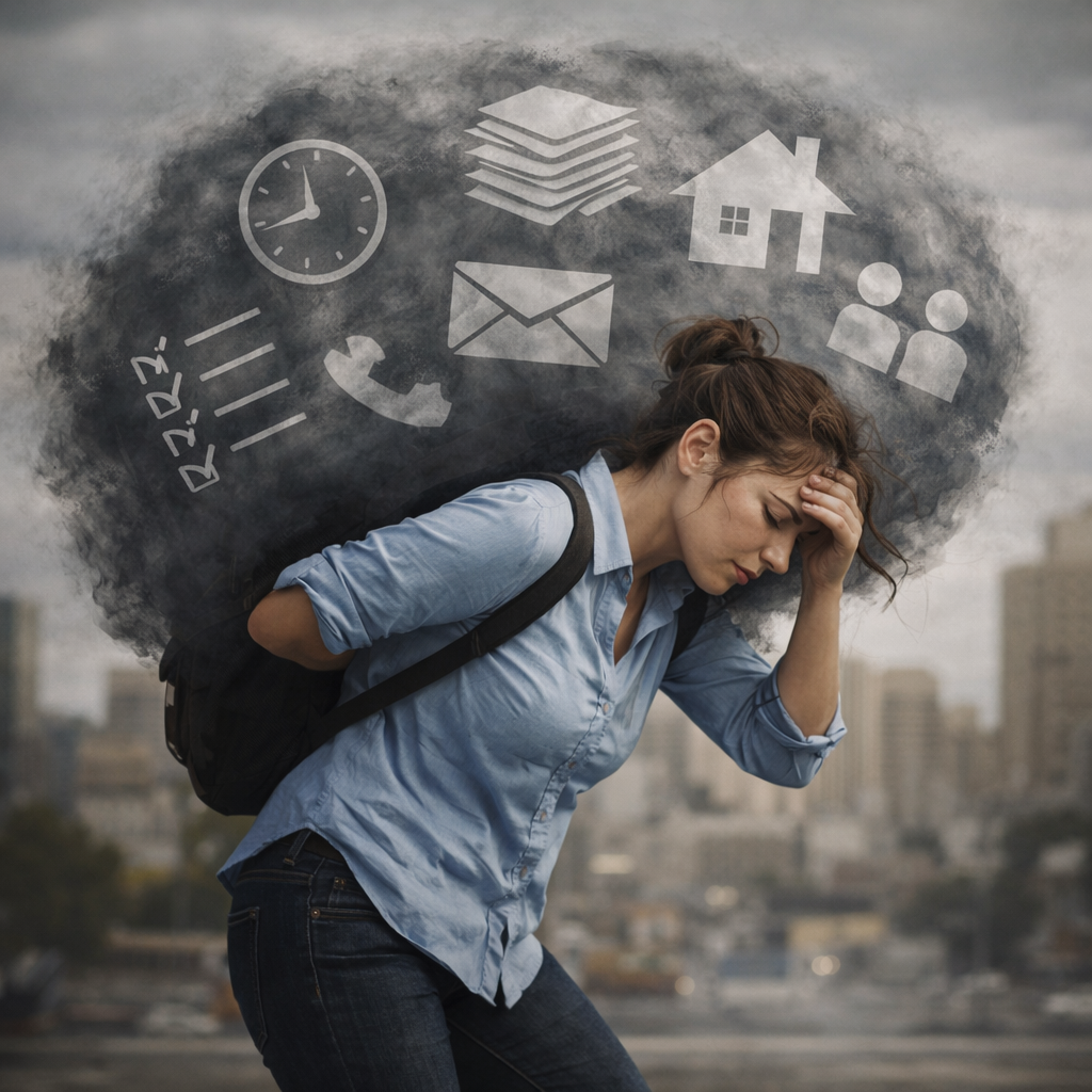 person carrying heavy invisible weight responsibility burnout illustration