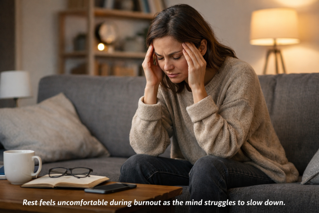 rest feels uncomfortable during burnout tired person sitting quietly but feeling restless